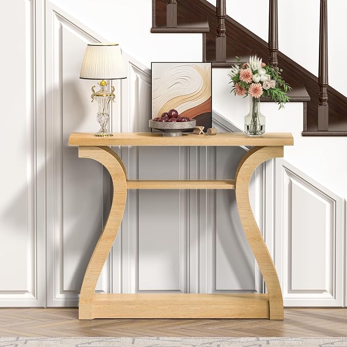 Wooden Console Table with Curved Legs and Shelf, 3-Tier Modern Accent Narrow Sofa Table for Entrance Area, Living Room, Hallway, 47 in Wide Wood Console Table for Entryway (Natural)