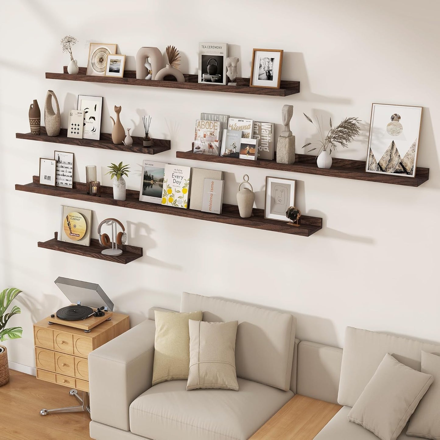 Floating Picture Ledge Shelves 55 Inch Solid Oak Wood Set of 2, Rustic Wall Storage Shelves with Lip, Kids Bookshelf, Photo & Picture Ledge Shelves for Bedroom, Living Room, Kitchen