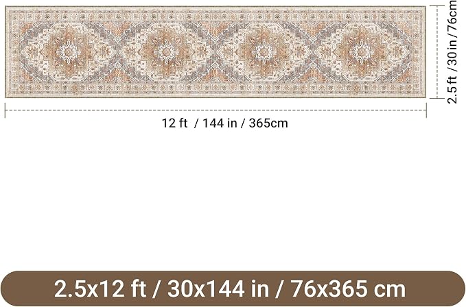 2'6" x 12'Non Slip Runner Rugs - Runners for hallways, Kitchen,Entryway,Stain Resistant Washable Rugs for Bedroom, Indoor Vintage Area Rugs (Turmeric/Grey,2'6" x 12')