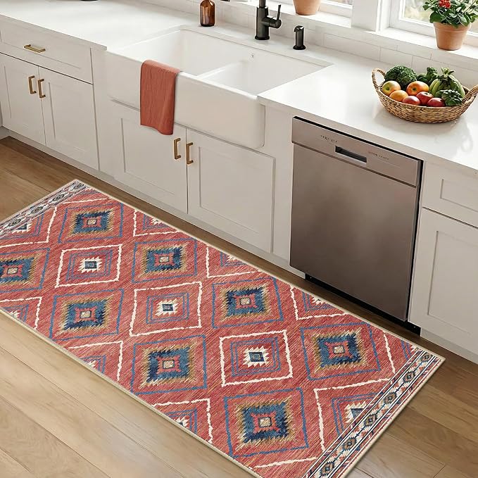 BESTSWEETIE Area Rug 2x5 Rug Machine Washable Non-Slip Low Pile Print Pattern Western Rug for Living Room Bedroom Entryway Tribal Series-Red/Orange