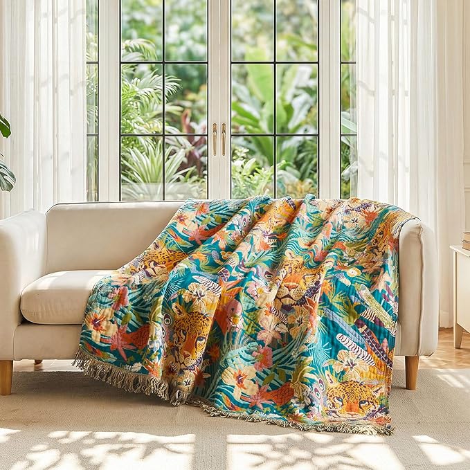 LUTBM Throw Blanket for Bed Couch Sofa Soft Cotton Twin Breathable Spring Blankets for Bedroom Living Room All Season Reversible Quilt Leopard Throws Whimsical Home Decor 60"x80"
