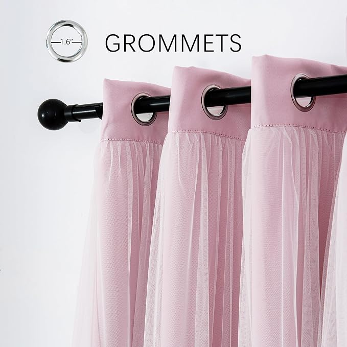 INLINAS Pale Pink Blackout Curtains with Sheer Overlay - Grommet Top Thermal and Noise Reduction Panels for Bedroom and Living Room Light Blocking and Energy Saving, 52 x 108 Inches, Set of 2