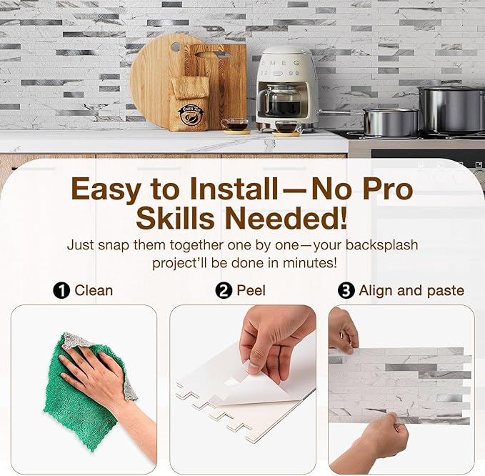 Peel and Stick Backsplash Tile Waterproof Removable PVC Wall Sticker 3D Faux Stone Marble Brick White Accent Panels (Rough White Marble - Metal Silver, 40 Tiles - 18 sq. ft. (1.68 m²)