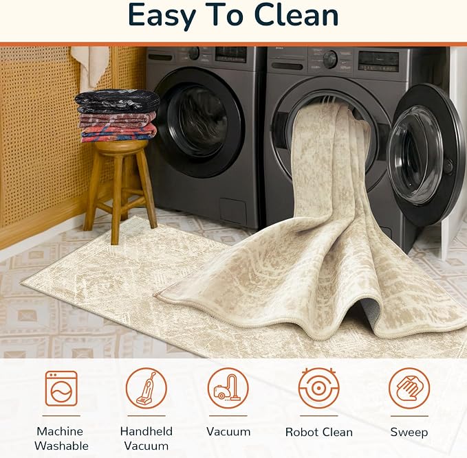 BESTSWEETIE Area Rug 8x10 Rug Machine Washable Non-Slip Low Pile Print Pattern Western Rug for Living Room Bedroom Entryway Tribal Series-Beige/Lightbrown