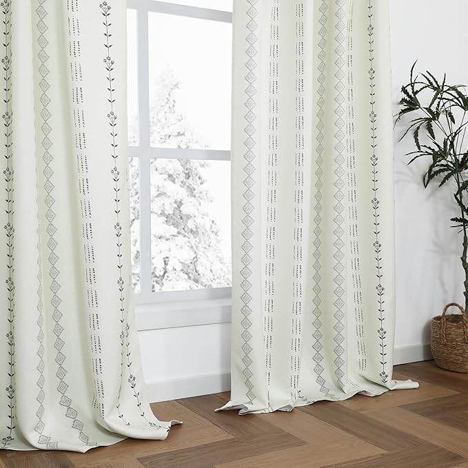 Cream and Black Boho Farmhouse Curtains, Modern Striped Pattern Semi Blackout Drapes for Bedroom Living Room, 84 Inches Long
