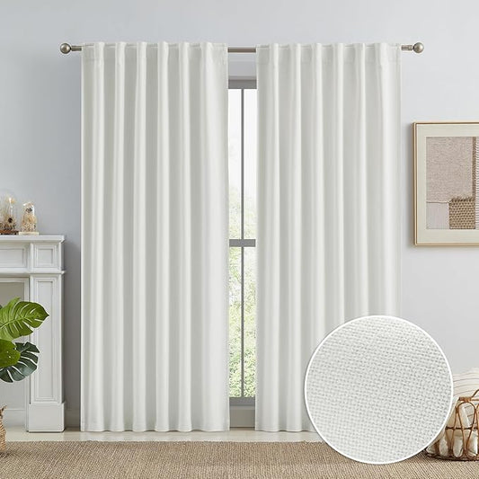 KEQIAOSUOCAI Natural Faux Linen Blackout Farmhouse Curtains for Bedroom 84 Inches Long, Back Tab Hook Belt Pleated Boho Curtain Drapes Neutral 50x84 Inch 2 Panels Set