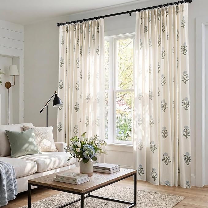 Floral Pinch Pleated Linen Farmhouse Curtains, Blue Green French Country Cottage Core Light Filtering Pleat Drapes, Vintage Block Print Patterned Sheer Panel for Living Room Bedroom, 90 Inch