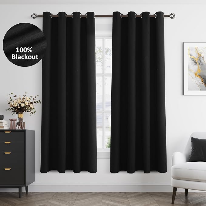 Jowels Black Linen Blackout Curtains 72 Length 2 Panels Set for Living Room Bedroom, 100% Black Out Thermal Insulated Linen Drapes, Room Darkening Grommet Curtains 72 Inches Long