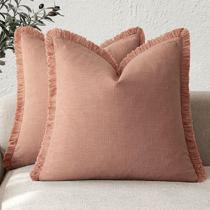 Foindtower Set of 2 Decorative Linen Fringe Throw Pillow Covers Cozy Boho Farmhouse Cushion Cover with Tassels Soft Accent Pillowcase for Couch Sofa Bed Living Room Home Decor,26×26 Inch,Coral Pink