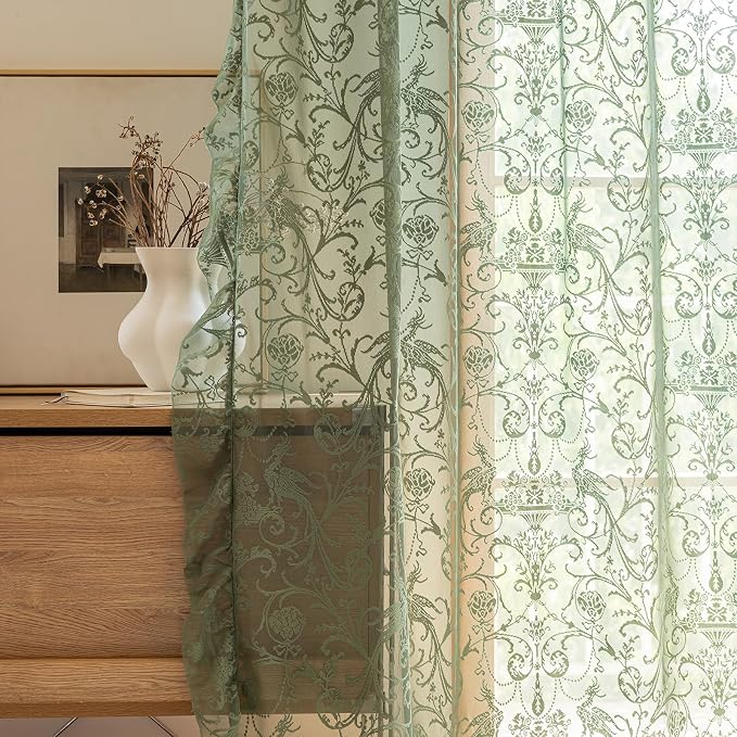 TUDECO Olive Green Lace Curtains 63 Inch Length - Vintage Sheer Floral Ruffle Curtains for Bedroom French Spring Light Privacy Window Treatment Rod Pocket 2 Panels, 59 x 63 Inch, Dark Green