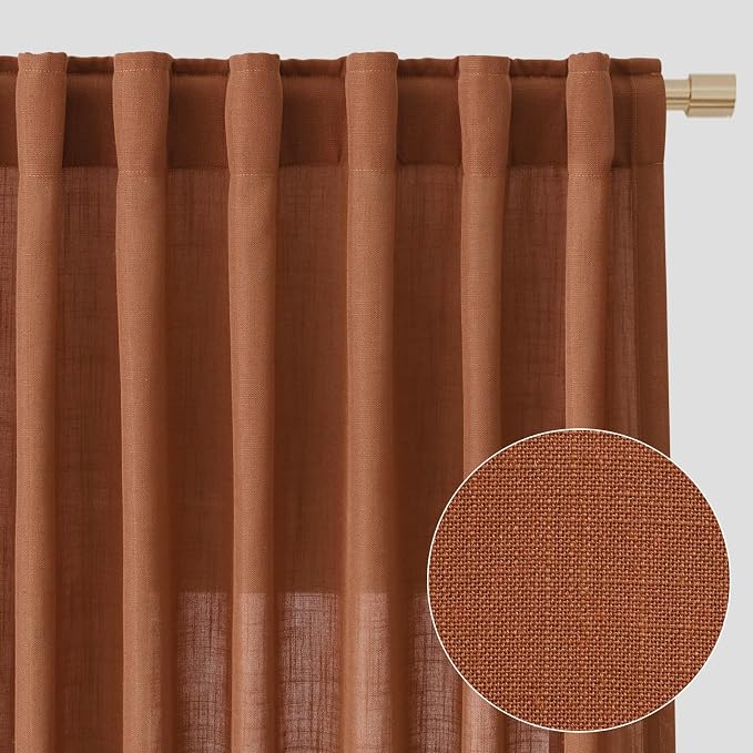 Boho Terracotta Linen Curtains 2 panels for Living Room Bab Tab Light Filtering Sheer Window Curtains Traditional Farmhouse Retro Rust Color Room Decor Desert Earthy Tone Drapes 52x80 inches Long