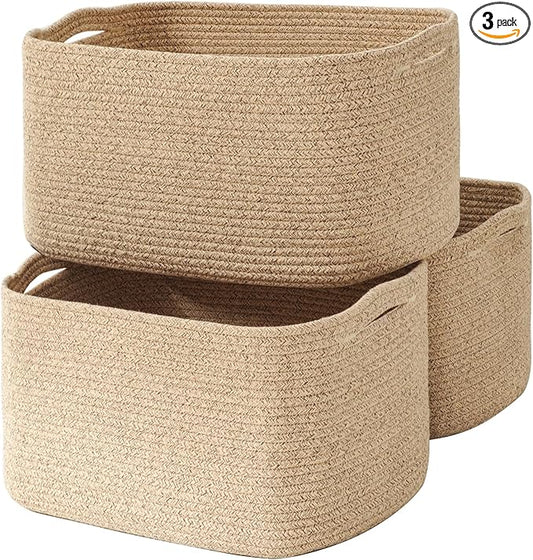 ICERZCZ Large Storage Baskets for Organizing Shelves, Woven Cotton Rope Bins for Baby Nursery Organization, Book Toy Towel Organizer, 17"x13"x9.5", 3 Packs, Brown