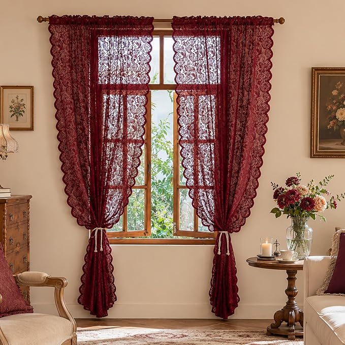 ALIGOGO Wine Red Lace Curtains 108 Inche Long Set of 2, Modern Sheer Burgundy Curtains for High Ceiling Dining Room, French Romantic Rod Pockert Privacy Window Treatments Neutral Decor, 52x108