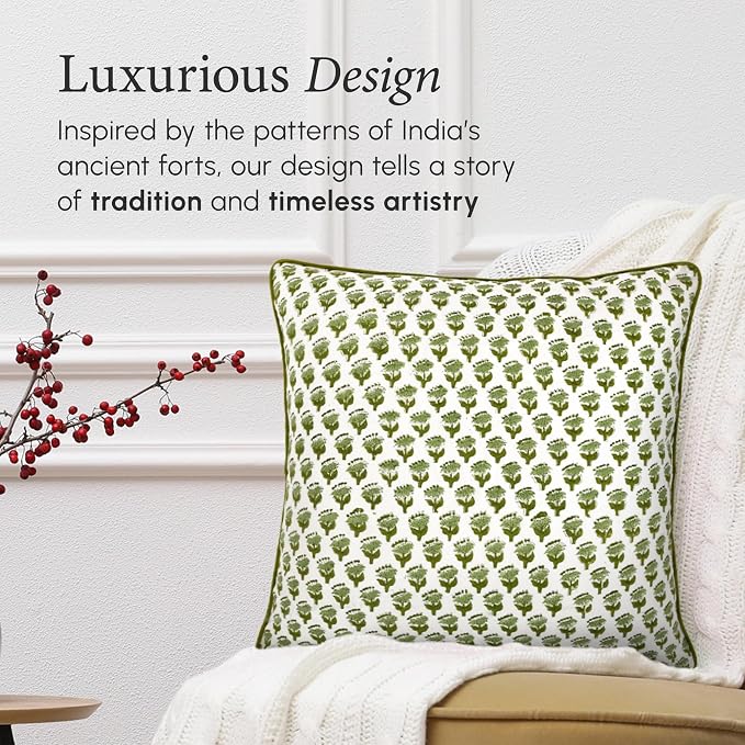 CPC 100% Cotton Throw Pillow Covers 16X16 Green Block Print Pattern Couch Pillow, Cute Boho Decorative Pillows for Living Room, Bedroom with Hidden Zipper- Emerald Green