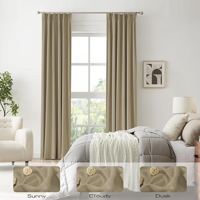 DUALIFE Blackout Pinch Pleated Curtains for Bedroom 95 Inch Length, Linen Blended Farmhouse 100% Blackout Thermal Insulated Back Tab Drapes with Hooks for Track System 2 Panels-Taupe, W50xL95