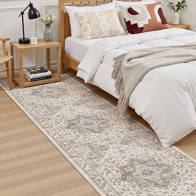 Vintage Hallway Runner Rug 2x8: Large Soft Washable Entryway for Kitchen Laundry Room Non-Slip Backing Runner for Entrance Living Room Bedroom Bathroom - Light Brown