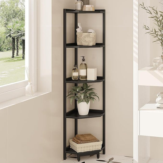 Hzuaneri Corner Shelf Stand, Corner Bookshelf, Storage Standing Shelf Unit with Metal Frame, Plant Stand, Bookcase for Living Room, Home Office, Bedroom, 5-Tier Black CS05906B