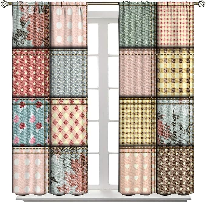 Boho Floral Patchwork Blackout Curtains Flower Boho Checkered Polka Dots Patchworkt Window Drapes for Bedroom Living Room Kitchen Cafe （W42xL84 Inch） x2 Panels