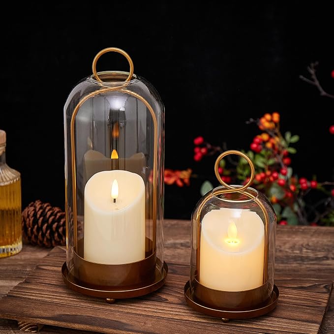 Hurricane Metal & Glass Candle Holder Set of 2 with Timer Candles, Decorative Candlestick Pillar Holder with Clear Glass for Wedding Party Holiday Dining Table Centerpiece Lanter, Gold
