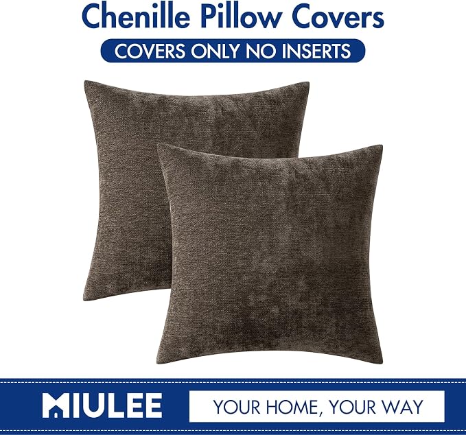 MIULEE Pack of 2 Brown Decorative Pillow Covers 18x18 Inch | Soft Chenille Couch Throw Pillows Farmhouse Cushion Covers for Home Decor Sofa Bedroom Living Room