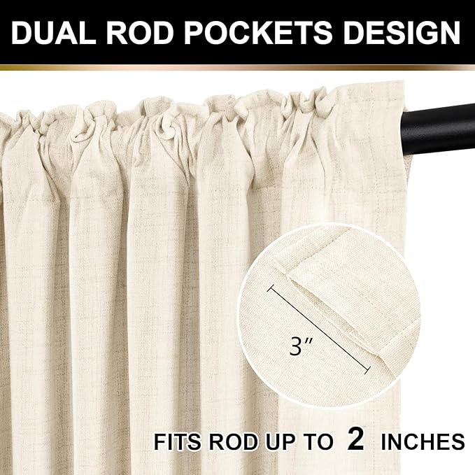 100% Blackout Shield Full Blackout Curtains for Bedroom 72 inch Length 2 Panels Set, Clip Rings/Rod Pocket Faux Linen Black Out Curtains for Living Room, Thermal Insulated, 50Wx72L, Cream