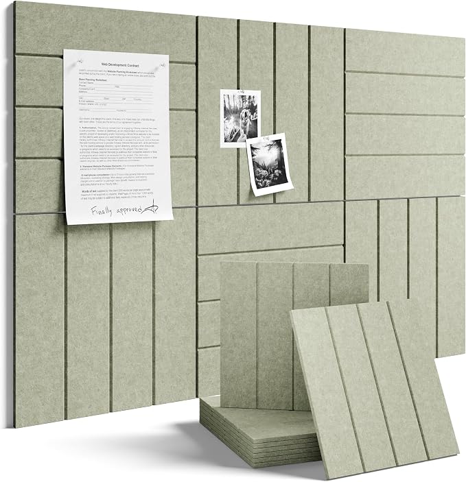 Fluxynara Felt Bulletin Board Tiles Large 36" x 24" Cork Board Alternative-6 Pack with 32 Adhesive Tabs, Thick Slat Wall Panels for Office Decor, Push Pin Board Wall Organizer Alternative - Sage Green