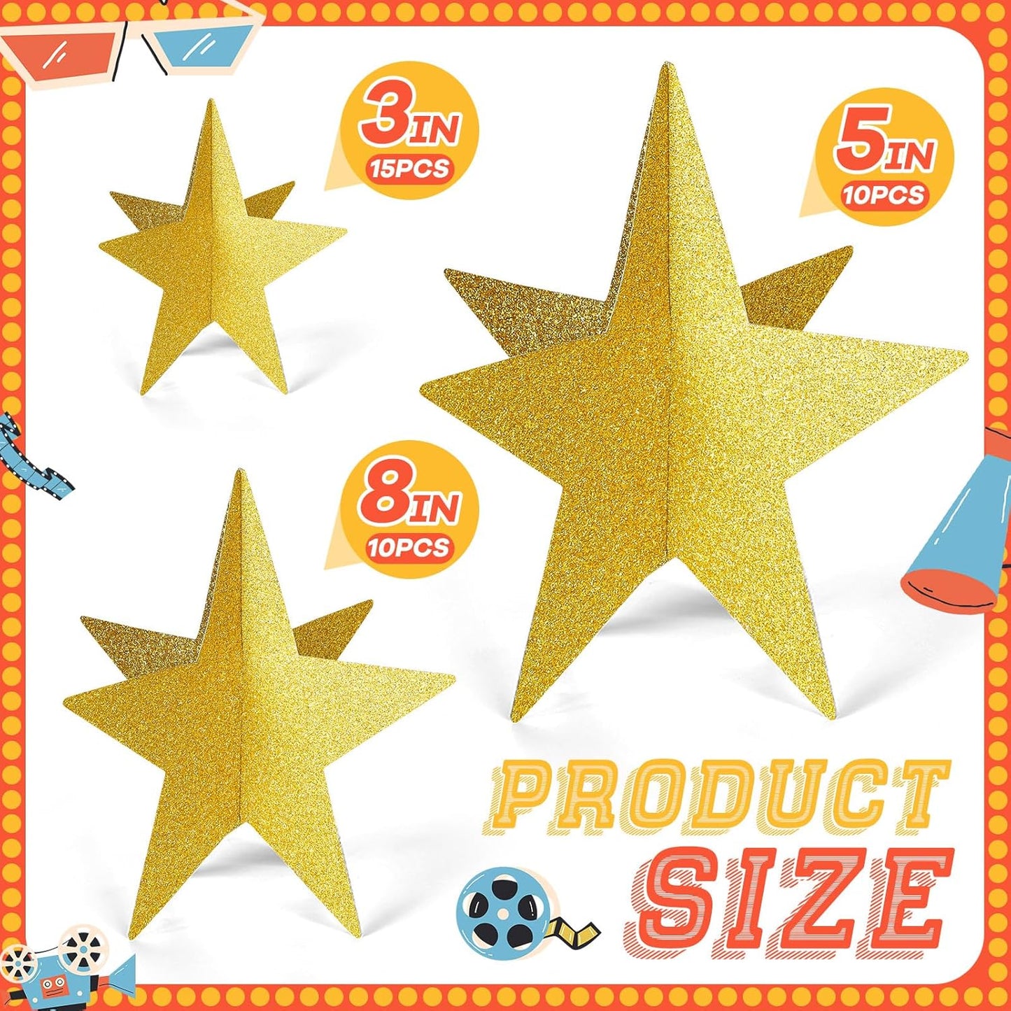 45 Pcs 3D Star Centerpieces Movie Night Decorations for Table in 3 Sizes Hanging Supplies for Red Carpet Film Show Theme Birthday New Year Party First Day of School Table Decor(Gold)