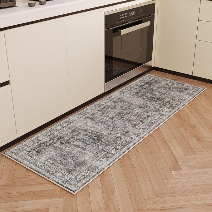 Rugcomf 2x5 Rug Runner -Vintage Machine Washable Kitchen Rug, Non-Slip Low Pile Boho Carpet for Hallways, Laundry, Entryway, Bedroom, Bathroom - Grey