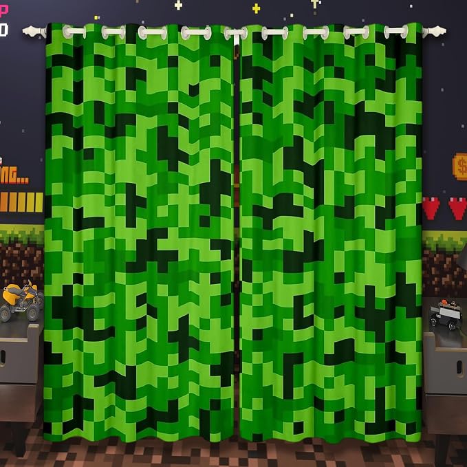 Green Pixelated Miners Gamer Curtains,Video Games Window Curtain,Kids Boys Girls Teens Room Decor,Cartoon Gamepad Window Treatment Curtain Modern Geometric Check Window Drapes,2 Panels,52Wx84L