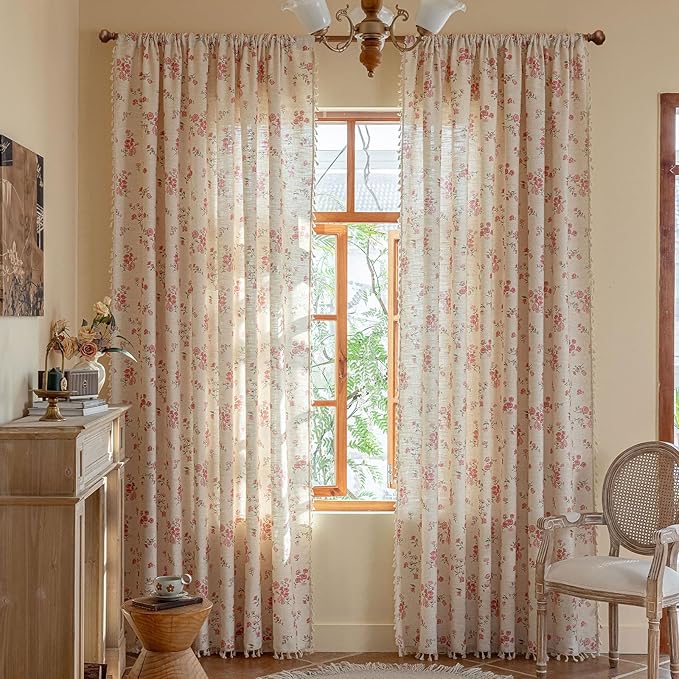 OYX Pink Floral Curtains 96 Inch Long 2 Panels, French Vintage Farmhouse Patterned Decor Window Drapes with Tassels, Light Filtering Semi-Sheer for Bedroom Living Room,Rod Pocket, 52W x 96L