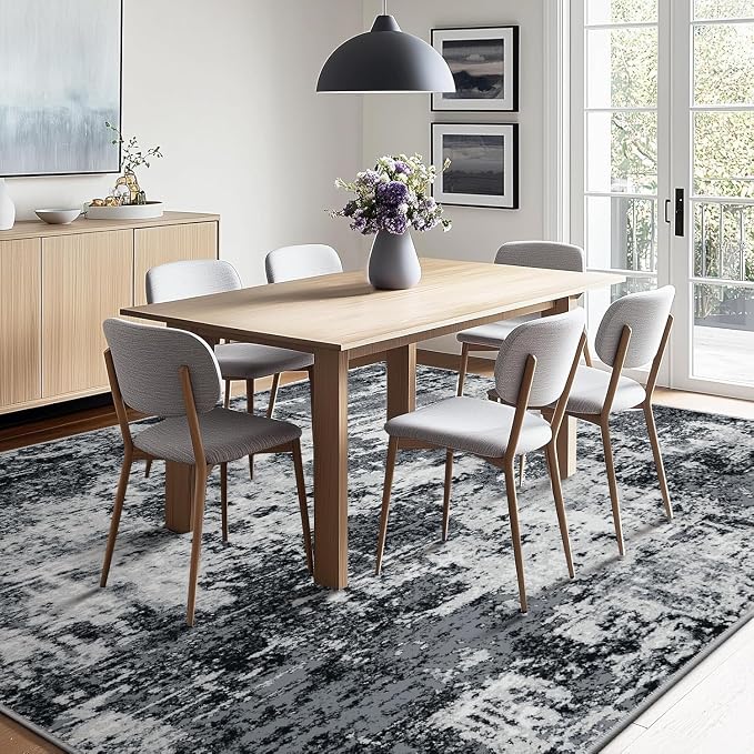RELEANY Washable Area Rugs Square 7ft Non-Slip Modern Abstract Soft for Living Room Entryway Bedroom Kitchen, Print Pattern, Black Navy Blue Gray
