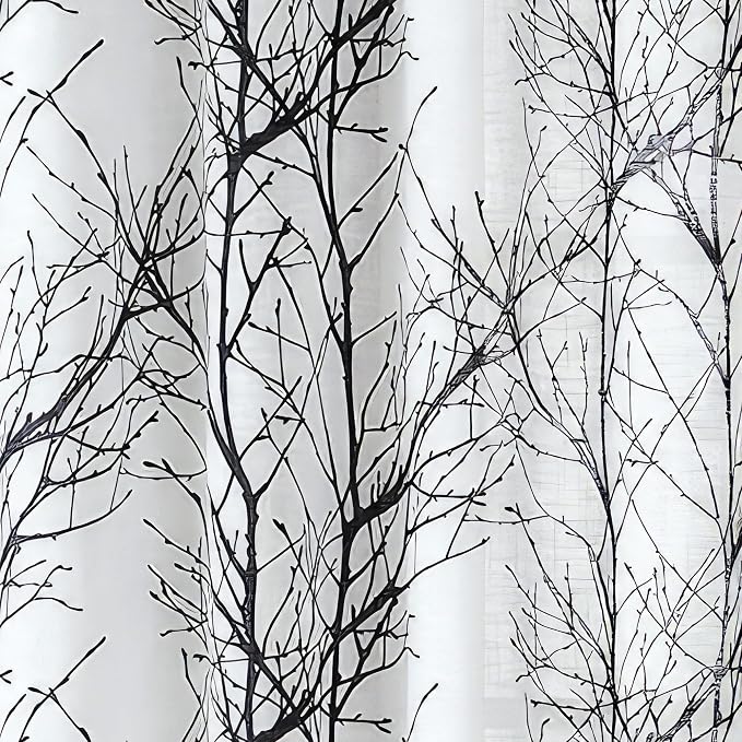 FMFUNCTEX Linen Semi Sheer Curtains for Bedroom, Black White Curtains 72 Inches Long for Living Room, Grey Tree Branch Patterned Curtain Light Filtering Farmhouse Window Drapes, Grommet Top 2 Panels