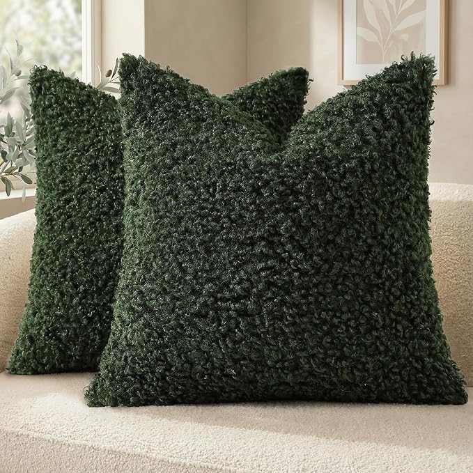 decorUhome Pack of 2 Throw Pillow Covers 24x24 Inch, Faux Fur Decorative Sherpa Pillow Covers Fuzzy Accent Soft Sheepskin Fleece Pillow Cases for Couch Living Room Bed, Olive Green