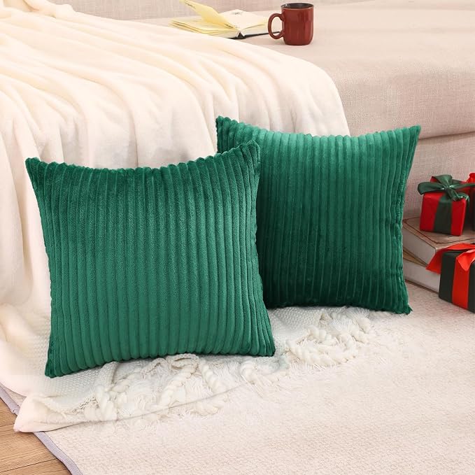 Simmore Decorative Fall Throw Pillow Covers 22x22 Set of 2, Soft Natural Plush Flannel Double-Sided Fluffy Couch Euro Sham Pillow Covers for Sofa Living Room, Green