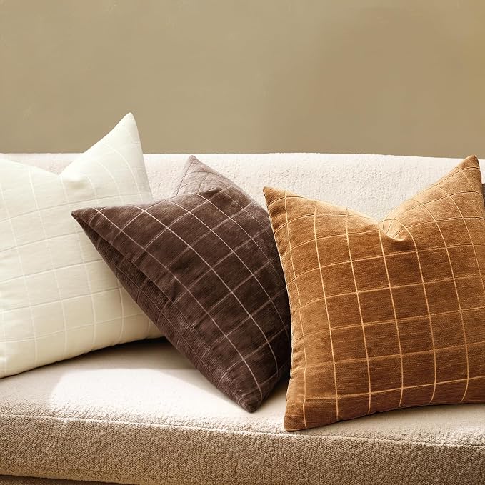MIULEE Bronze Plaid Decorative Fall Throw Pillow Covers 20x20 Set of 2 | Vintage Check Chenille Couch Pillows Boho Farmhouse Cushion Covers Modern Fall Home Decor for Sofa Bed Living Room