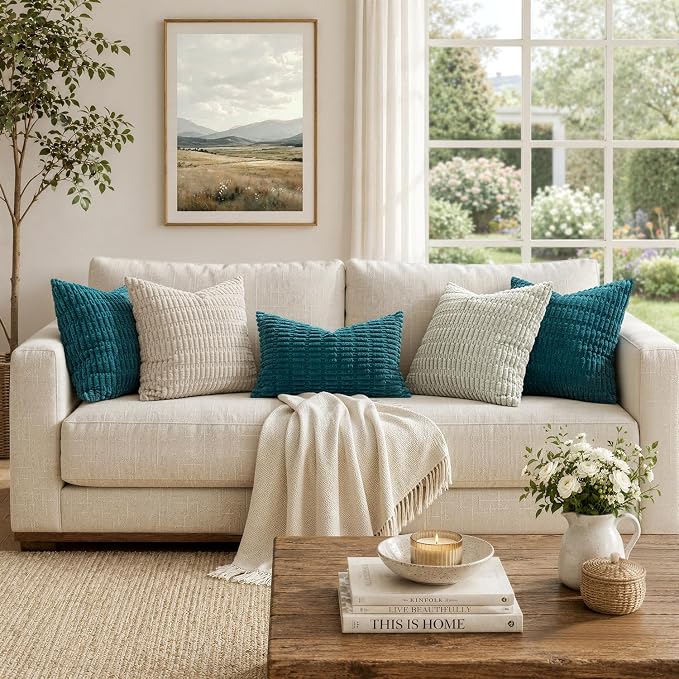 MIULEE Pack of 2 Corduroy Decorative Throw Pillow Covers 20x20 Inch Soft Boho Striped Pillow Covers Modern Farmhouse Home Decor for Summer Coastal Sofa Living Room Couch Bed Teal