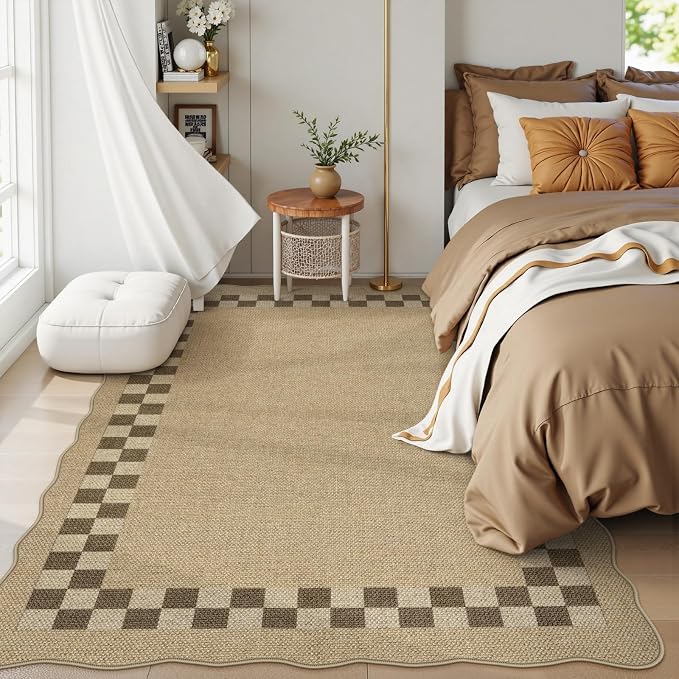 LIVEBOX Easy Jute Checkered Outdoor 5x7 Rug for Living Room, Scalloped Washable Rugs for Bedroom, Indoor Outdoor Non-Slip Rug Tan Farmhouse Dining Room Mat Modern Carpet Area Rug for Patio Office