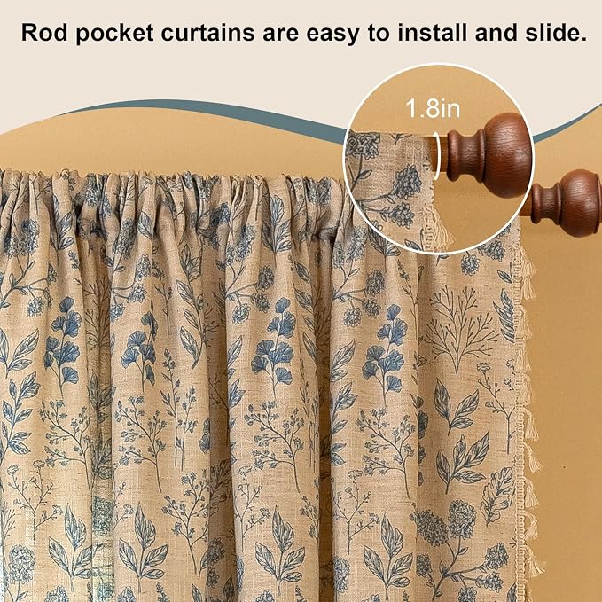 OYX Blue Boho Floral Curtains 96 Inch,Linen Farmhouse Leaf & Flower Drapes with Tassels, Light Filtering Semi Sheer Curtains for Living Room Bedroom, 2 Panels, Rod Pocket, 52Wx96L