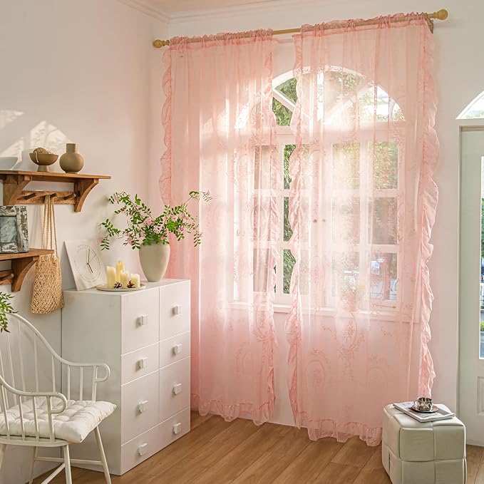 Sutuo Home Pink Lace Curtains 96 Inches Long 2 Set, Sheer Panels Rose Floral Embroidery Ruffled Vintage Voile Window Treatment Pair for Girl's Bedroom Living Room, Rod Pocket, W57 x L96