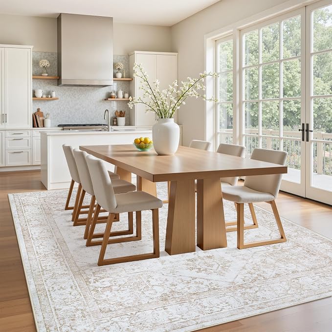 5x7 Area Rugs for Bedroom:Beige Washable Vintage Medallion Rug Non-Slip Soft Low Pile Large Rugs Indoor Retro Carpet for Living Room Kitchen Nursery Dining Table Office (Beige, 5'x7')