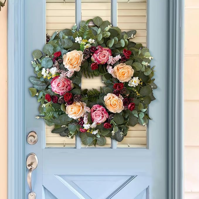 WANNA-CUL 24 Inch Pink Champagne Rose Spring Wreath for Front Door | Burgundy Rose and Eucalyptus Leaves, Ideal for Summer ,Fall ,Mother's Day, Valentine's Day, Indoor Outdoor Decor