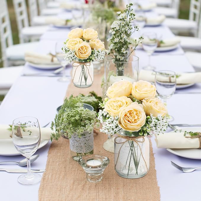 Zeyune 6 Sets Mason Jar Centerpiece Table Decorations, Artificial Peony Baby's Breath Flower Bouquets, Faux Flowers with Vase, Rustic Decor Gifts for Home, Wedding, Holiday (Champagne)