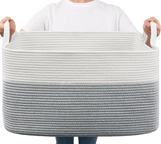 Goodpick Large Toy Storage Basket, Grey Cotton Rope Baskets Toy Storage Bin for Baby, Kids, Woven Storage Basket with Handle for Laundry, Living Room, Nursery, Bedroom, 21.6" x 14.9" x 11.8"