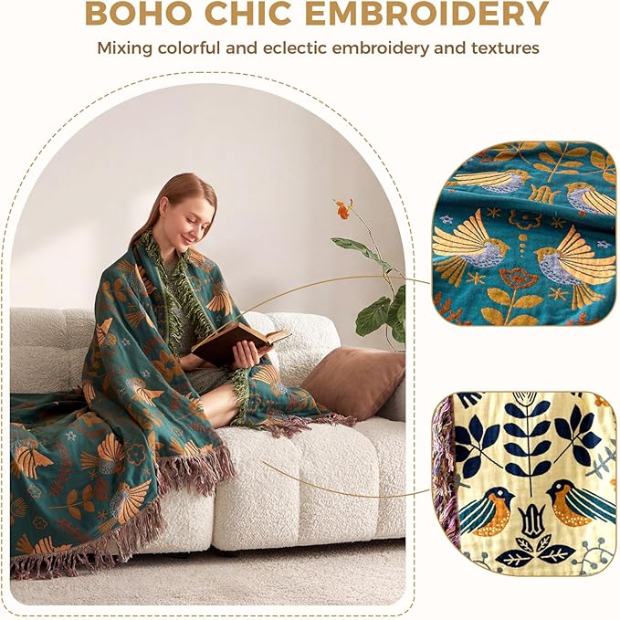 Queen Throw Blanket for Bed 100% Cotton Boho Soft Quilt Birds and Floral Double Embroidery Spring Breathable Bed Blanket,90"x90" Lightweight All Season Blankets for Bedding Couch Home Decor