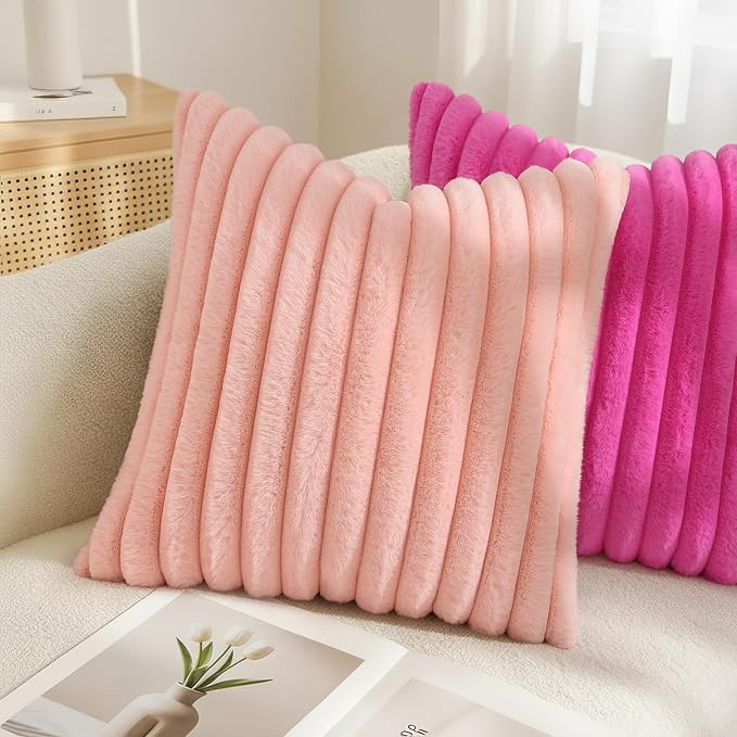 decorUhome Fall Cozy Faux Fur Throw Pillow Covers 16x16 Set of 2 Decorative Soft Plush Striped Modern Farmhouse Boho Couch Pillow Cases with Velvet Back for Sofa Bed Living Room, Hot Pink