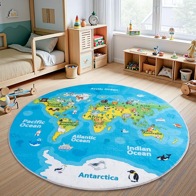 Kids Playroom Rug, 4x4ft Round World Map Rugs with Cute Animals, Washable Durable Soft Carpet Kid Educational Rugs for Boys Girls Bedroom Nursery Classroom