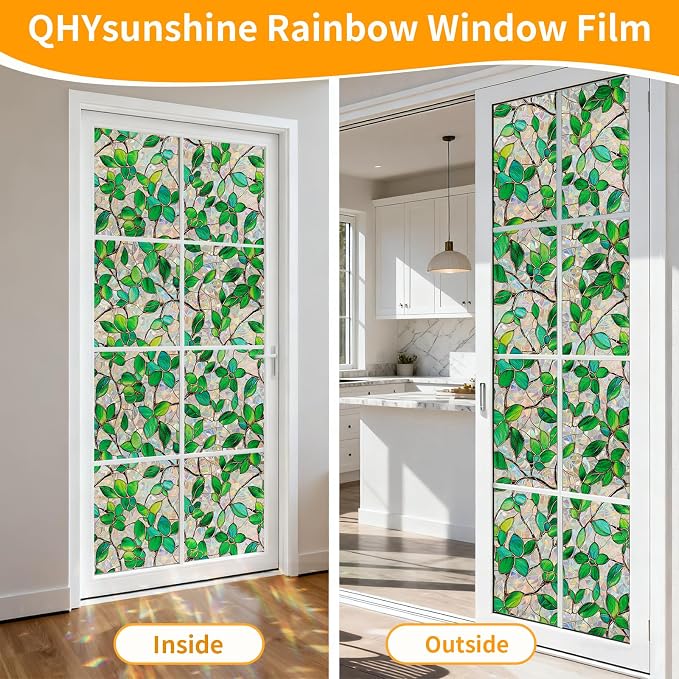 Stained Glass Window Privacy Film Decorative Rainbow Static Clings – Ideal for Home & Office, Adhesive-Free, Removable, UV-Blocking (Green Rainbow, 35.4 X 157.4 in)