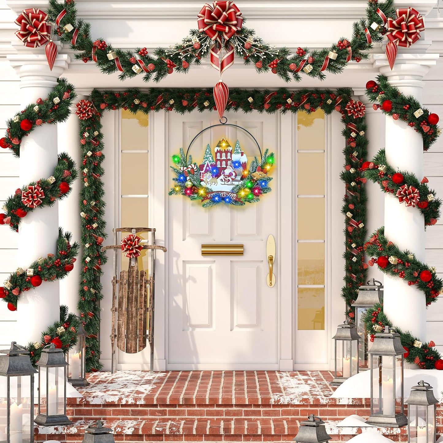 Light up Christmas Wreaths for Front Door, Welcome Metal Wooden Door Wreath Decor Hanging Sign, 30 LED Lighted Wall Decor Battery Operated for Halloween Indoor Outdoor (Santa Claus)