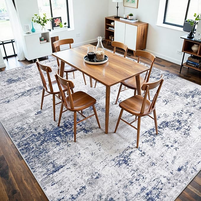 Area Rugs 8x10 Living Room: Large Modern Abstract Washable Rug Soft Anti-Skid Non-Shedding Carpet Indoor Floor Thin Carpets for Bedroom Dining Room Farmhouse Nursery Home Office Night Blue Grey