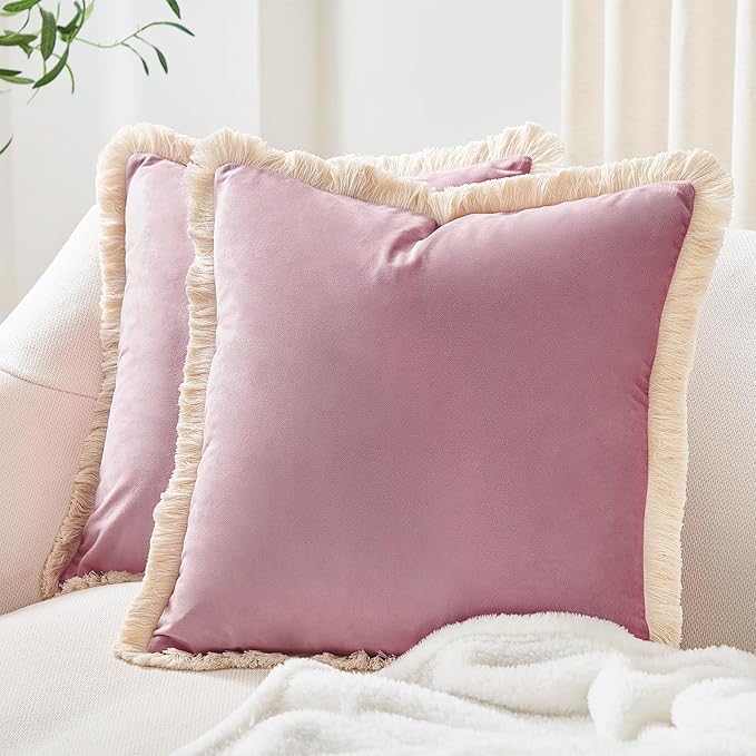 MONDAY MOOSE Decorative Throw Pillow Covers Cushion Cases, Set of 2 Soft Velvet Modern Fringe Tassel Designs, Mix and Match for Home Decor, Pillow Inserts Not Included (20x20 inch, Dusty Pink)